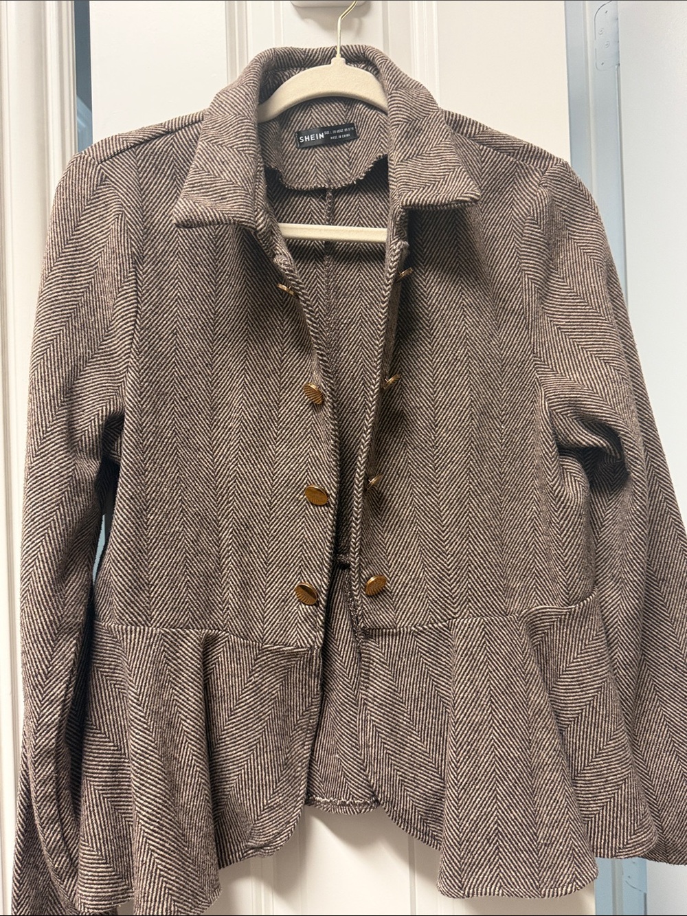SHEIN Brown Herringbone Peplum Blazer Jacket